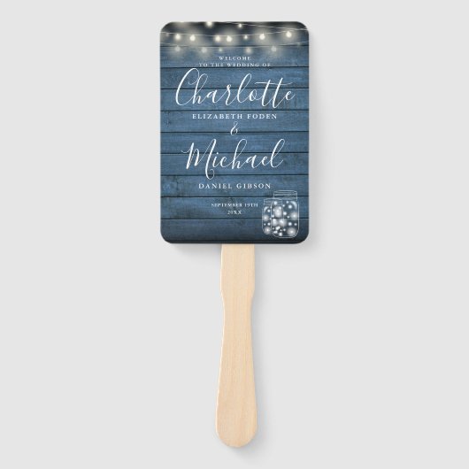 Blauwe Rustieke Houten Slingerlichten Huwelijkspro Handwaaier (Voorkant)