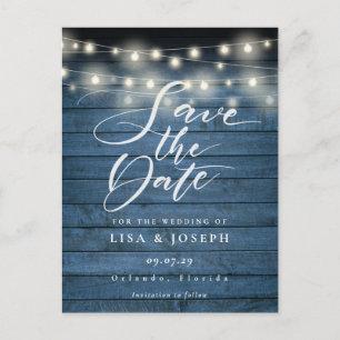 Blauwe Rustieke Lichten Foto QR Code Save the Date Briefkaart
