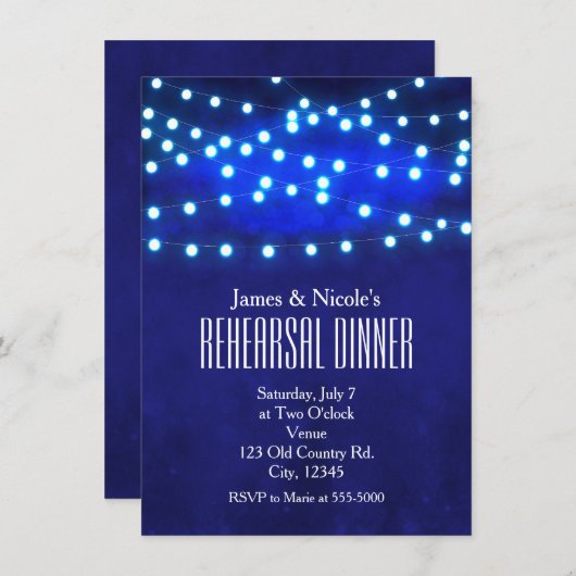 Blauwe rustieke nacht String Lights repetitie dine Kaart (Voorkant / Achterkant)