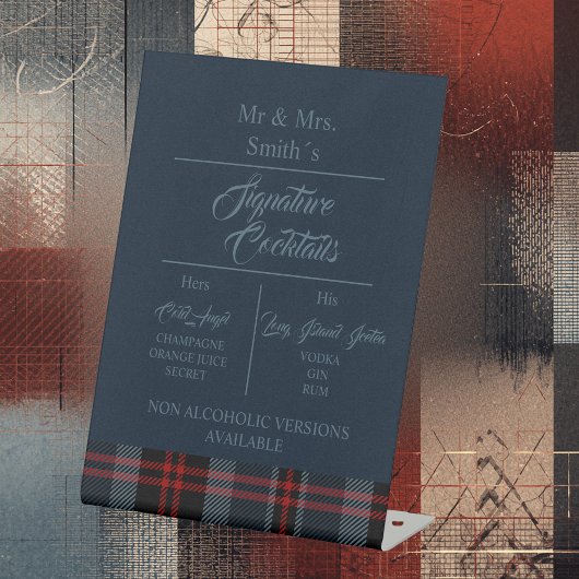 blauwe rustieke schotse tartan bruiloft reclamebord met voetstuk
