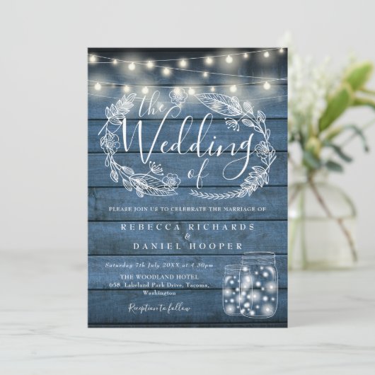 Blauwe Rustieke Slingerlichten Metselaarsglazen Br Kaart (Staand voorkant)