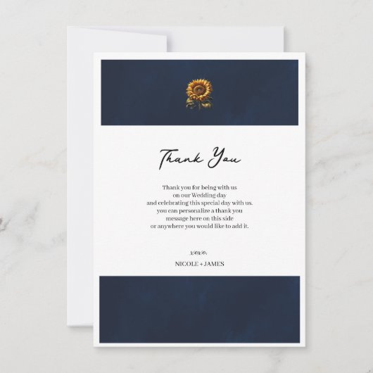 Blauwe rustieke zonnebloem bruiloft dank u kaart (Voorkant)