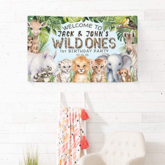 Blauwe Safari Twins Wild Ones 1e Verjaardag Welkom Spandoek (Insitu)