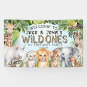 Blauwe Safari Twins Wild Ones 1e Verjaardag Welkom Spandoek (Horizontaal)