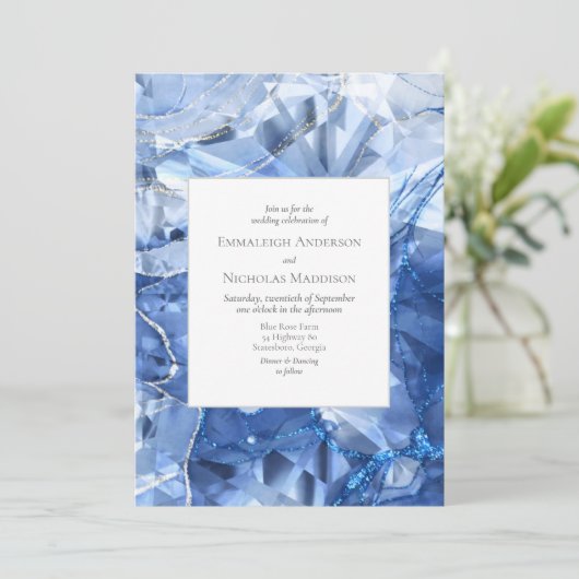 Blauwe Saffier Edelsteen Illusie Huwelijksuitnodig Kaart (Staand voorkant)