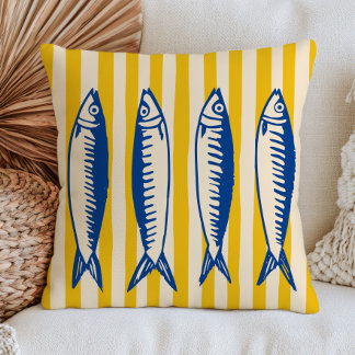 Blauwe Sardines op Gele Strepen Moderne Nautilus Kussen