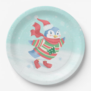 Blauwe schaatspinguïn papieren bordje