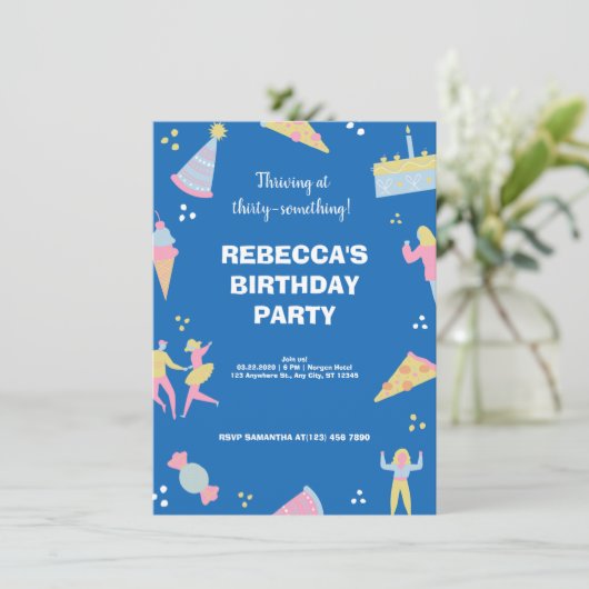 Blauwe schattige ijspizza verjaardagsfeest kaart (Staand voorkant)