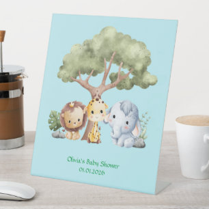 blauwe schattige safari dieren baby shower reclamebord met voetstuk