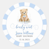 Blauwe schattige teddybeer baby boy douche ronde sticker (Voorkant)