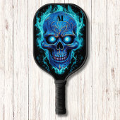 Blauwe Schedel met Blauwe Vlammen Modern Monogram Pickleball Paddle