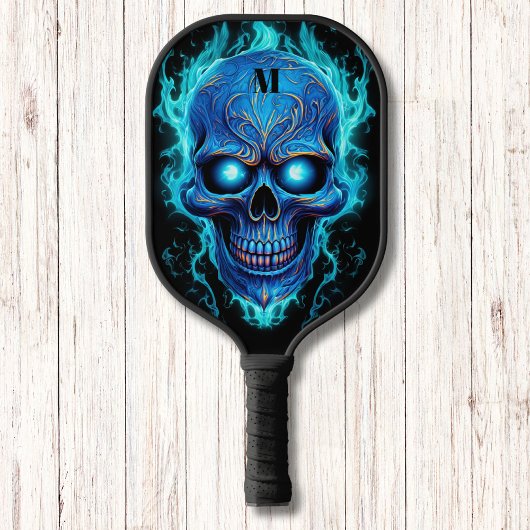Blauwe Schedel met Blauwe Vlammen Modern Monogram Pickleball Paddle