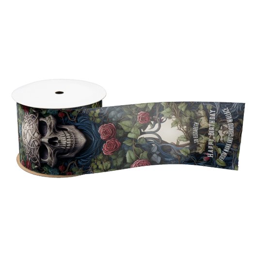 Blauwe schedel met Rozen en korenbloemen Lint (Spoel)