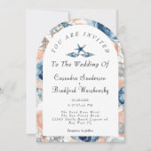 Blauwe Schelp Bloemen Aquarel Strand Bruiloft Kaart (Voorkant)