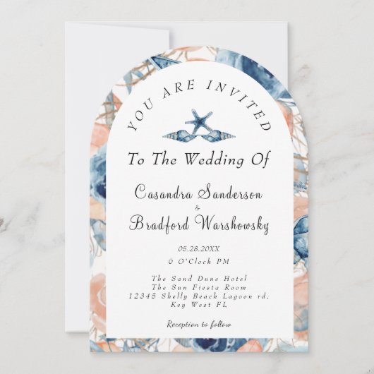 Blauwe Schelp Bloemen Aquarel Strand Bruiloft Kaart (Voorkant)