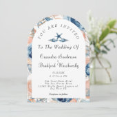 Blauwe Schelp Bloemen Aquarel Strand Bruiloft Kaart (Staand voorkant)