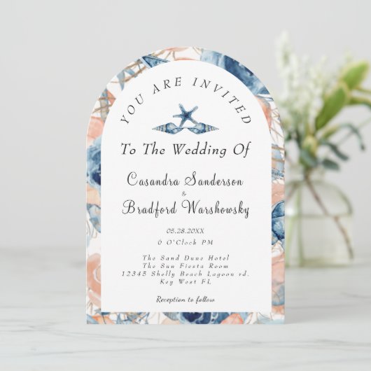 Blauwe Schelp Bloemen Aquarel Strand Bruiloft Kaart (Staand voorkant)