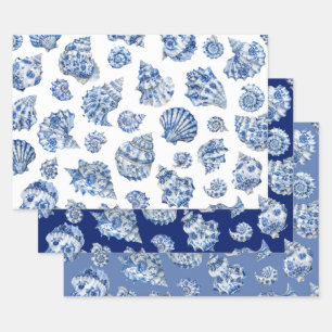 Blauwe schelpen inpakpapier vellen