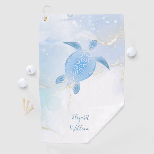 Blauwe schildpad gouden blauwe inkt golfhanddoek (Insitu)