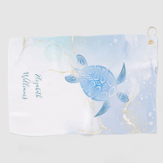 Blauwe schildpad gouden blauwe inkt golfhanddoek (Horizontaal)
