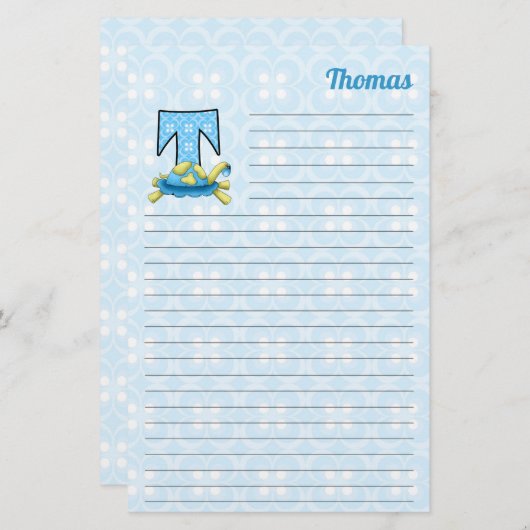 Blauwe schildpadbrief T met naam uitgelijnd Briefpapier (Voorkant / Achterkant)