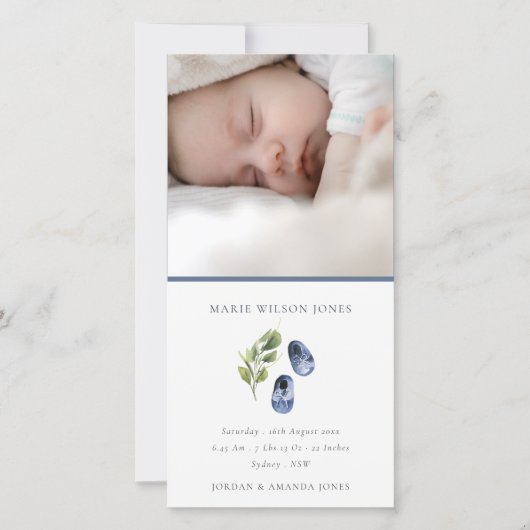 Blauwe Schoenen Lofblad Foto Baby Geboorteaankondi Bedankkaart (Voorkant)