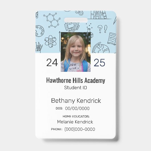 Blauwe School Iconen Homeschool Student ID Badge (Front)