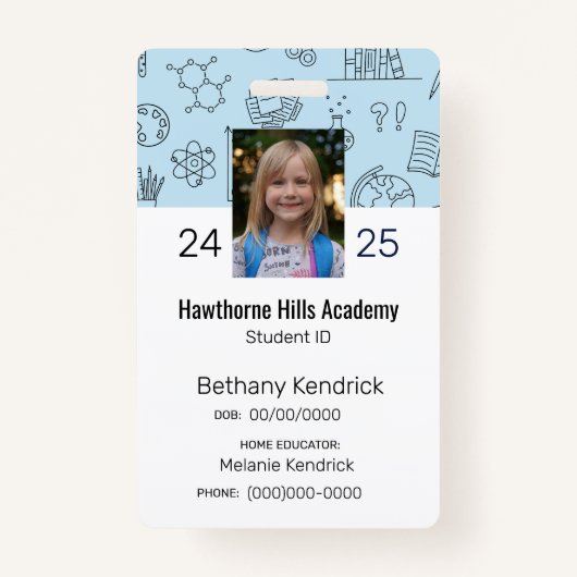 Blauwe School Iconen Homeschool Student ID Badge (Voorkant)