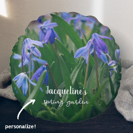 Blauwe scilla bloemen in de voorjaarstuin rond kussen