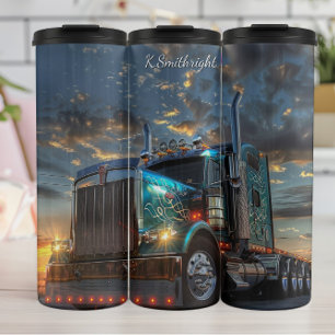 Blauwe Semi Truck Sunset ScrollWork Thermosbeker