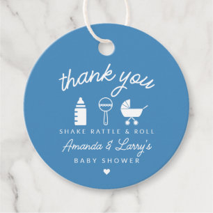 Blauwe Shake Rattle and Roll Baby Shower Bedankjes Labels