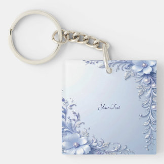 Blauwe Sierbloemen met Parels Sleutelhanger