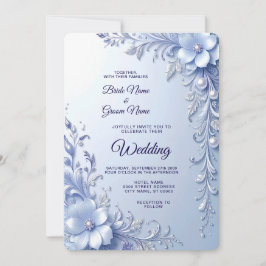 Blauwe Sierlijke Bloemen met Parels Bruiloft Kaart