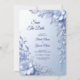 Blauwe Sierlijke Bloemen met Parels Save The Date