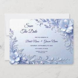Blauwe Sierlijke Bloemen met Parels Save The Date