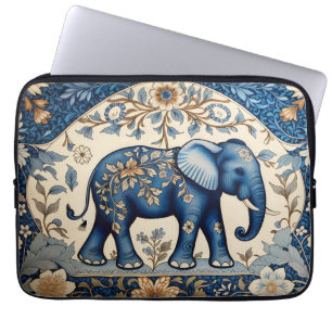 Blauwe Sierlijke Olifant Vintage Bloemen Laptop Sleeve