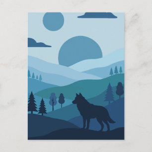 Blauwe Silhouet Wolf en Tweelingmanen Landschap Briefkaart