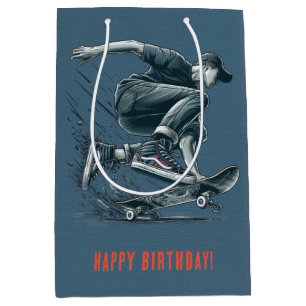 Blauwe Skateboarder verbrand Sinaasappel Happy Bir Medium Cadeauzakje