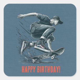 Blauwe Skateboarder verbrand Sinaasappel Happy Bir Vierkante Sticker
