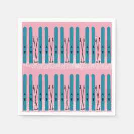 Blauwe ski's op sneeuw & roze achtergrond servet