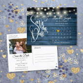 Blauwe slingerlichtjes save the date kalender foto aankondigingskaart