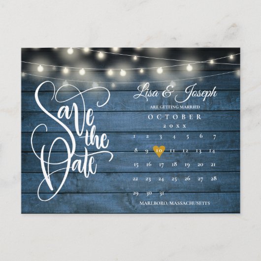 Blauwe slingerlichtjes save the date kalender foto aankondigingskaart (Voorkant)