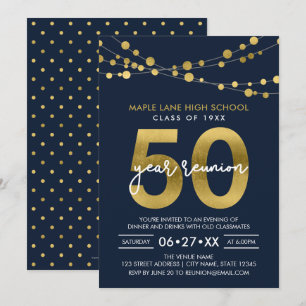 Blauwe snaren van lichten 50 jaar klasse reünie kaart