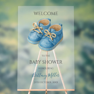 Blauwe sneakers minimalistische babyshower welkoms acryl bord