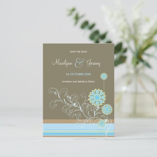 Blauwe Sneeuw Bloem Swirls Bruiloft Save The Date Aankondigingskaart (Staand voorkant)