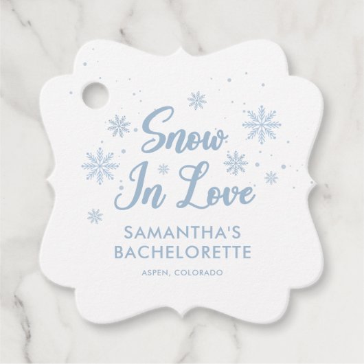 Blauwe sneeuw in de liefde winterski vrijgezel bedankjes labels (Voorkant)