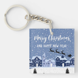 Blauwe sneeuw met kerstfeest en rendiervakantie sleutelhanger