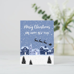 Blauwe sneeuw met santa en rendier feestdagenkaart