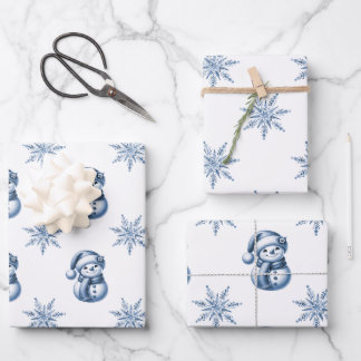 Blauwe Sneeuwmannen Kerst Inpakpapier Vel