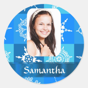 Blauwe sneeuwvlok foto sjabloon ronde sticker